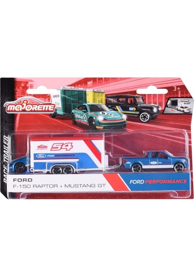 Majorette Race Trailer Ford F-150 Raptor + Mustang Gt
