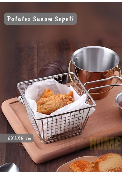 Kare Patates Sunum Sepeti Paslanmaz Çelik Patateslik Kızartmalık 6x8x6 Cm Gri