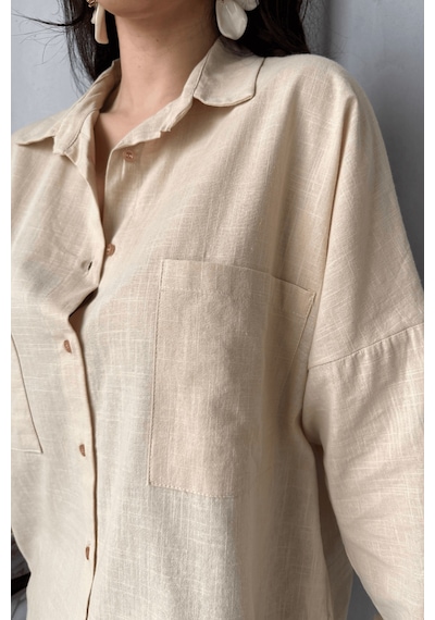 Paw Garage Kadın Harper Çift Cepli Oversize Keten Gömlek, 2025 Summer Collection Taş