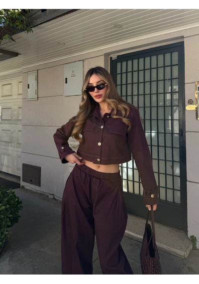 Laluvia Mürdüm Kot Crop Ceket Pantolon Takım - 51244 Mürdüm