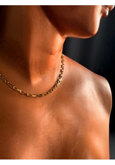 Dikdörtgen Zincirli Gold Choker Çelik Kolye Choker Serisi