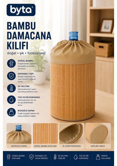 Bambu Damacana Kılıfı Büzgülü Bez Kapaklı Dekoratif Su Damacanası Kılıfı Toz Korumalı Kahverengi