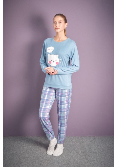 Fullamoda Kedi Nakışlı Bisiklet Yaka 2 Li Pijama Takımı 24mıcg631125732-mavi Mavi