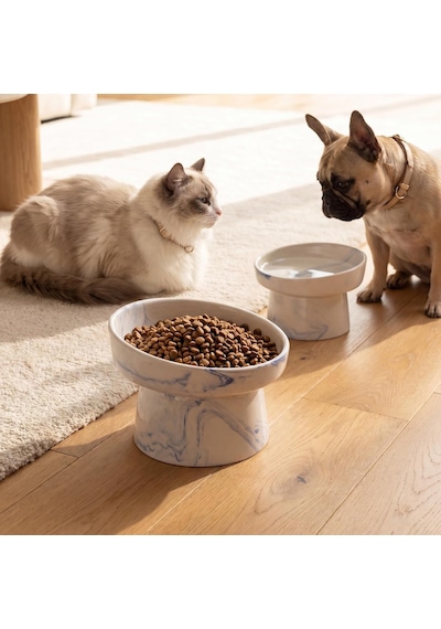 Seramik Mama Kabı - Kedi Ve Köpekler İçin Sağlıklı Mama Kasesi - Ayaklı,yükseltilmiş, Kaymaz Mama Kabı Mavi
