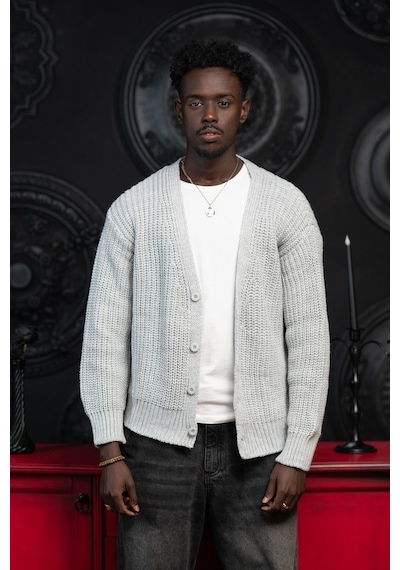 Akçaylar Oversize Crop Model V Yaka Düğme Kapamalı Örgü Hırka Gri