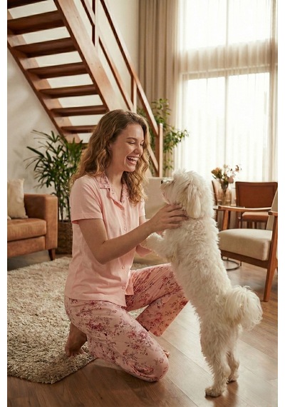 Lela Regular Fit Gömlek Yaka Kısa Kollu Bayan Pijama Takımı 65730101 Somon