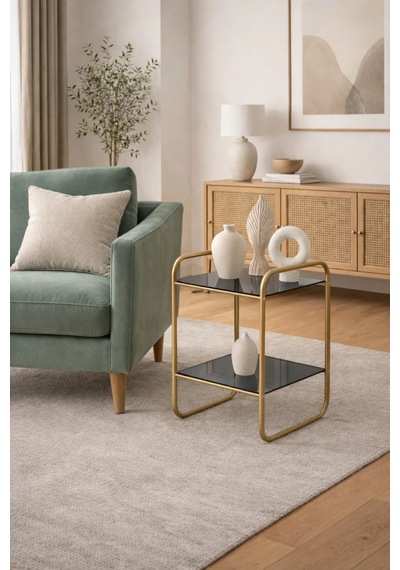 Odessa Yan Sehpa - Gold Metal Modern Yan Sehpa Füme Camlı Şık Salon Sehpası Gold