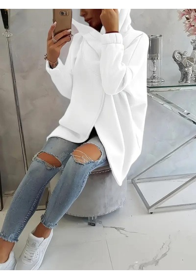 Beyaz Kadın 3 İplik Şardonlu Kapüşonlu Ceket Asimetrik Fermuarlı Oversize Beyaz