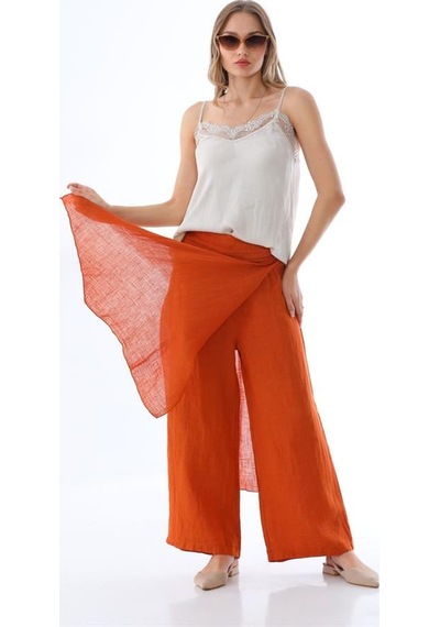 Bohem Stil İtalyan Ham Keten Pantolon Etek-8747 Kiremit