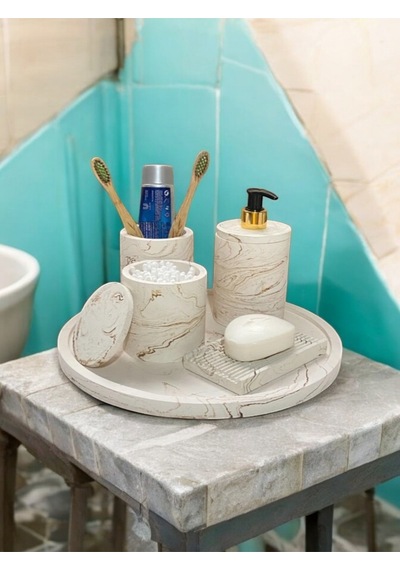 5'lı Bej Mermer Desen Beton Banyo Seti,sıvı Sabunluk Diş Fırçalığı Beton Takım,tepsi,pamukluk Bej