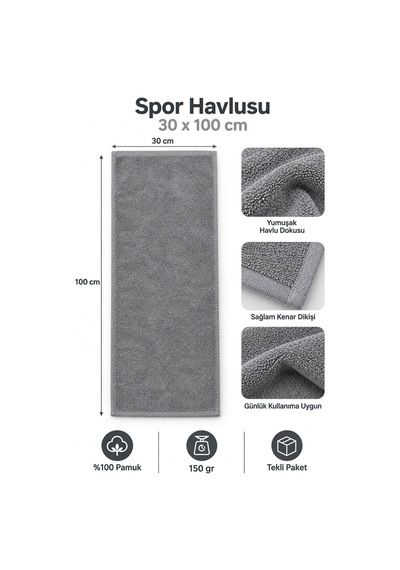 Spor Antrenman Fitness Havlusu 30x100 %100 Pamuklu Gri
