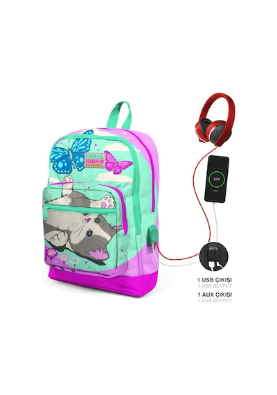 Coral High Kids Su Yeşili Pembe Kedi Desenli Dört Bölmeli USB Şarjlı Kulaklık Çıkışlı Okul Sırt Çantası 23807