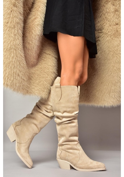 Fox Shoes T404401002 Ten Süet Büzgülü Kadın Çizme Ten-Süet