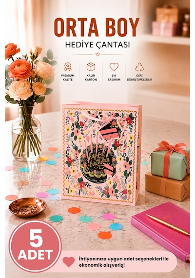 5 Adet 23 X 18 X 10 Cm - Doğum Günü Pastalı Çiçek Desenli Orta Boy Karton Hediye Çantası 3+