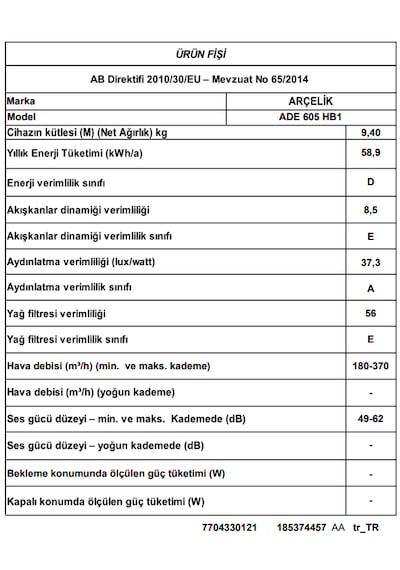 Arçelik ADE 605 HB1 Ankastre Duvar Tipi Davlumbaz
