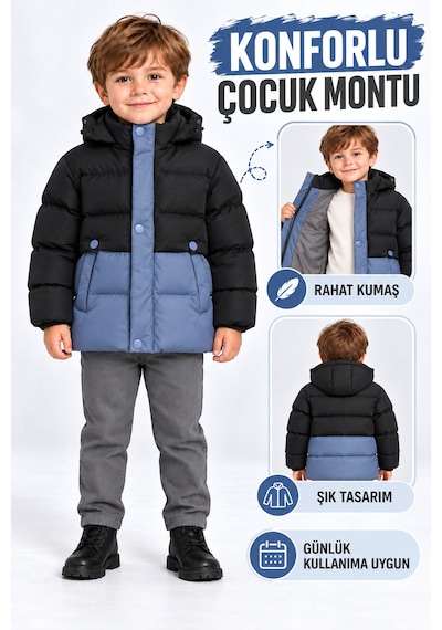 Ahengim Erkek Çocuk Kışlık Şişme Mont Çift Renkli Kapitone Fermuarlı Cepli Ak4307 Siyah