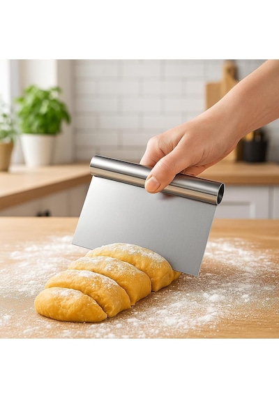 Paslanmaz Çelik Hamur Kazıyıcı, Ergonomik Saplı, Çok Amaçlı Hamur Kesici Ve Tezgah Temizleyici Gümüş