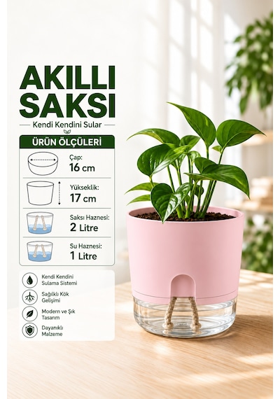 Akıllı Saksı Kendinden Sulamalı Fitilli Modern Dekoratif Saksı 2 Litre 70160191