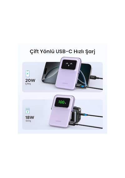 Ugreen Uno Magsafe Wireless 5.000 Mah 20w Hızlı Şarj Powerbank, Mor, 35606 Mor