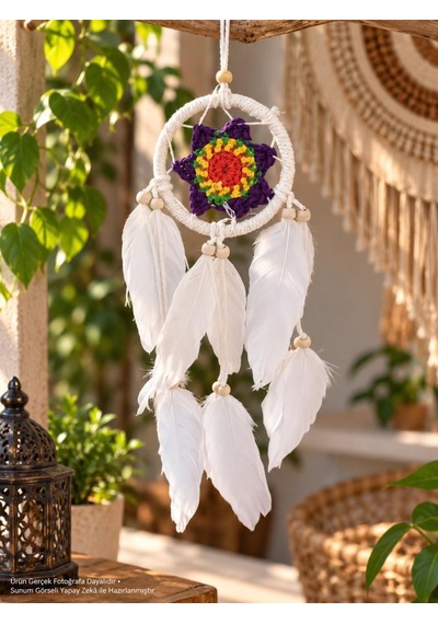 Araba Dikiz Ayna Süsü Renkli Örgü Detaylı Beyaz Tüylü Düş Kapanı Dreamcatcher Duvar Ve Oda Süsü