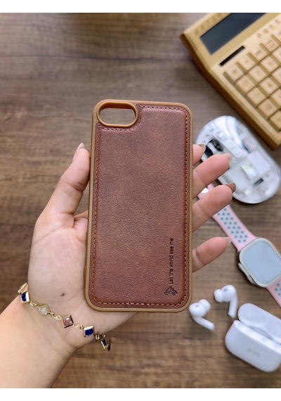 Apple iPhone 7 Uyumlu Premium Deri Dokulu Darbelere Karşı Dayanıklı Nazal Silikon Kılıf Kahverengi