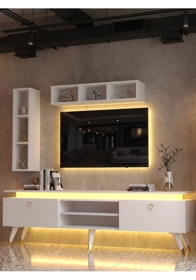 Karnaval Tv Ünitesi Ledli - Duvar Raflı Tv Sehpası - Beyaz - Gl3000-1 -180 Cm