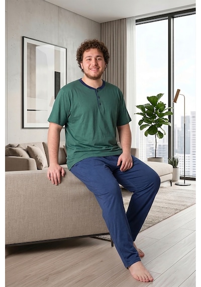 Bravie Erkek Yakası Düğmeli Altı Uzun Kısa Kollu Pamuklu Büyük Beden Yazlık Pijama Takımı Yeşil Yeşill
