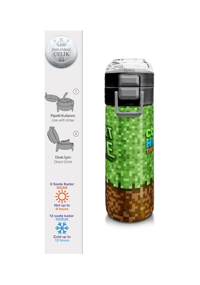 Coral High Kids High Craft Desenli Pipetli Ve Direkt İçim Çelik Termos 500 Ml 31992 Yeşil - Kahverengi
