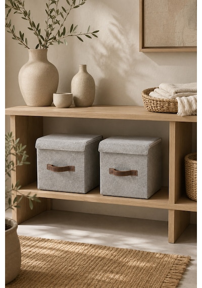 2'li Gri Keçe Kapaklı Küp Kutu Seti 25 X 25 X 25 Cm Deri Kulplu, Katlanabilir, Düzenleyici Kutu