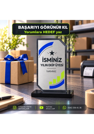 Kişiye Özel Füme Kristal Cam Plaket 12x19 Cm İsimli Ve Tarihli Başarı Ödülü Almera Craft 12 19