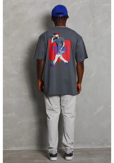Ertaştrendstore Erkek Baskılı Tişört Kısa Kol Bisiklet Yaka Oversize T-shirt - Füme Çok Renk