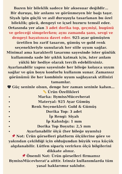 3'lü Dorika Şans & Sevgili Bilekliği 925 Ayar Gümüş Gold/siyah İpli Gümüş