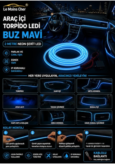 Byd Seal U Design Araç İçi Torpido Ledi Buz Mavi 2 Metre Neon Ip Şerit Led