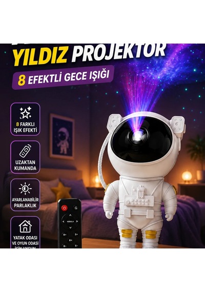 Astronot Yıldız Projektör Lambası 8 Efektli Uzaktan Kumandalı Gece Işığı