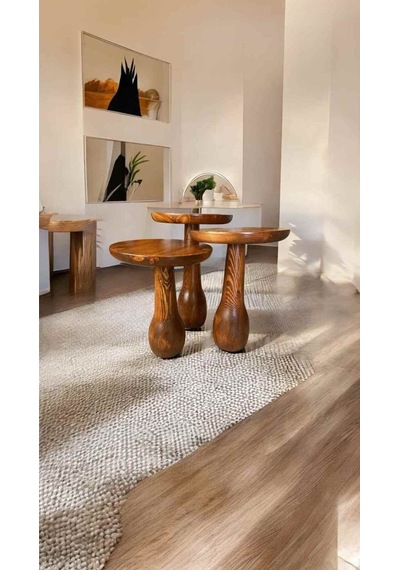 Simillo Ahşap Mantar Sehpa 3 Lü Set Açık Ceviz Masif Doğal Yan Sehpa Ve Zig Kod:sml15485120154102 Açık Ceviz