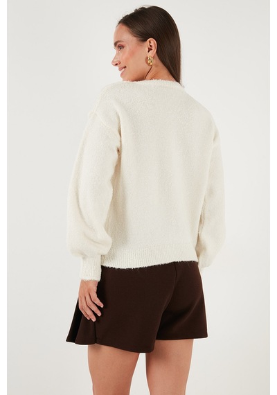 Lela Premium Regular Fit Bisiklet Yaka Yumuşak Dokulu Bayan Hırka 680Hi00147 Ekru