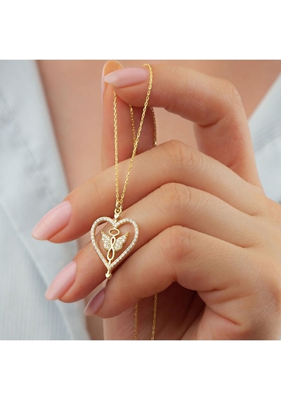 925 Ayar Gold Kelebekli Kalp Gümüş Kolye