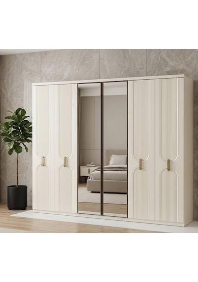 Grand Tamamı Mdf 6 Membranlı Kapaklı Reflekte Camlı Gardırop Dolap Beyaz