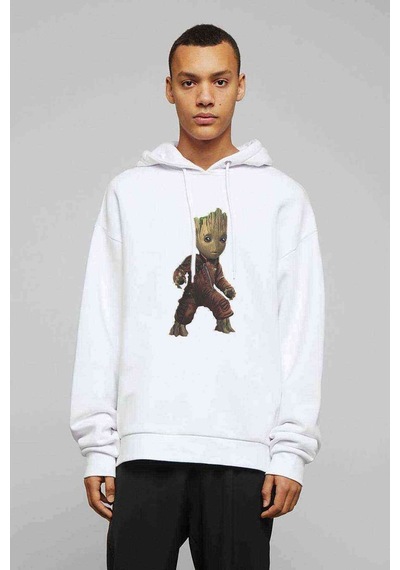 Groot Baskılı Beyaz Erkek Örme Kapşonlu Sweatshirt (534789613)