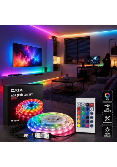 Cata Ct-4566 Rgb Şerit Led Seti Usb Kumandalı Renk Değiştiren Dekoratif Tv Gaming Led Aydınlatma Beyaz