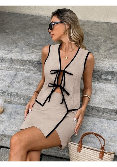 Veraura Lifestyle Kadın Askılı Önü Bağcıklı Bluz Ve Etek Ikili Takım Bej