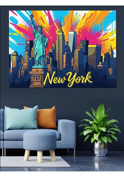 Renkli New York Özgürlük Heykeli Dekoratif Kanvas - Mdf Ahşap Tablo