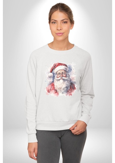 Mutlu Noel Baba Yeni Yıl Tasarımı Unisex Beyaz Baskılı Sweatshirt Beyaz