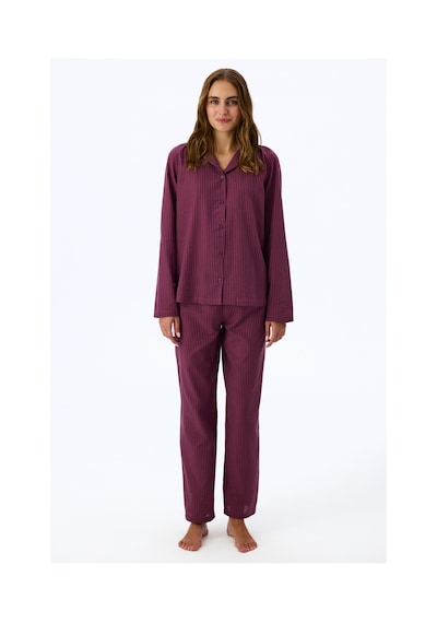 Penti Bordo Lea Çizgili Uzun Kollu Gömlek Pantolon Pijama Takımı