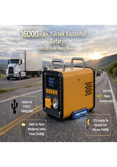 12v 1600a Akü Takviye Cihazı 150 Psı Dijital Kompresörlü Taşınabilir Güç İstasyonu