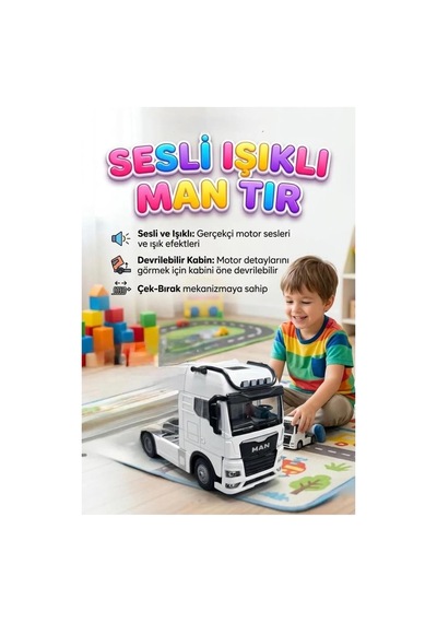 Işıklı Sesli Pilli Çek Bırak Man Metal Oyuncak Tır Beyaz Beyaz