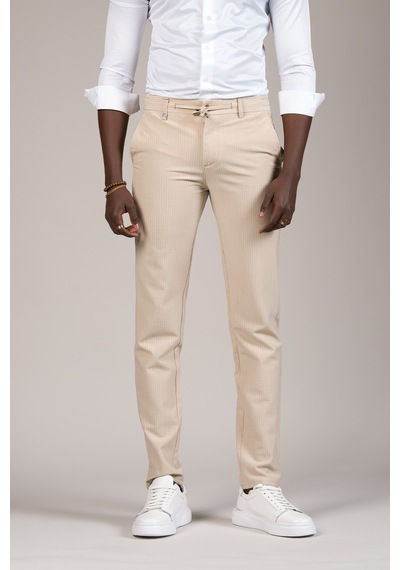 Perpant Slimfit İnce Çizgili Beli İplikli Ve Lastikli Likralı Yazlık Jogger Pantolon Krem