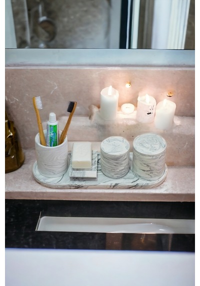 Marble Banyo Seti,tepsi,dis Fırçalık, Pamukluk,sabunluk Seti Beton Takim Gri