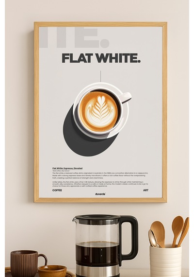 Flat White Kahve Doğal Ahşap Çerçeveli Poster, Dekoratif Duvar Tablosu