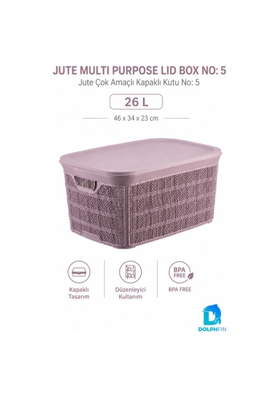 Jute Kapaklı Saklama Kutusu 26 L Plastik Mutfak Kiler Dolap İçi Organizer 46x34x23 Cm Mor